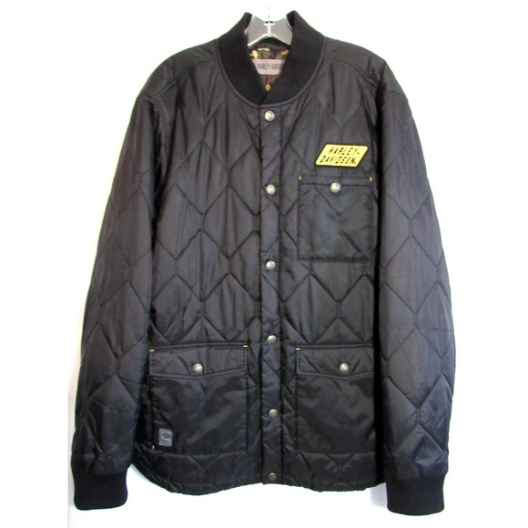 Harley Davidson Black Quilted Camo Lined Snap Down Back Logo Jacket XL Slim EUC - Picture 1 of 7